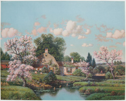 vintage calendar art with cottages, cabins, etc. circa 1930s-1940s